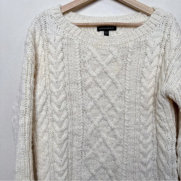 Banana Republic Womens Small Boat Neck Oversized Cable Ivory Wool Sweater - Picture 8 of 15